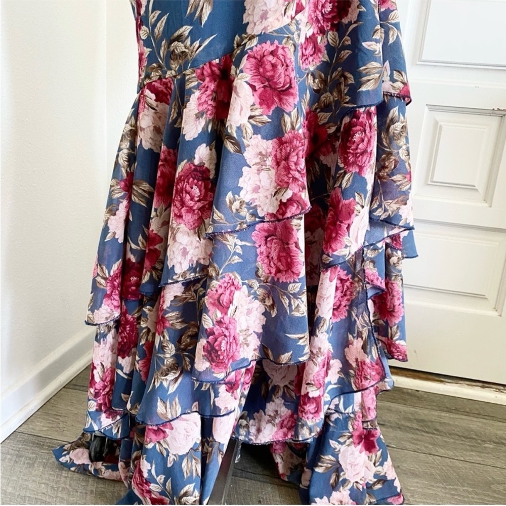 Long Maxi Mermaid Style Dress Blue Pink Floral Corset Lace Up Ruffles - Picture 11 of 15